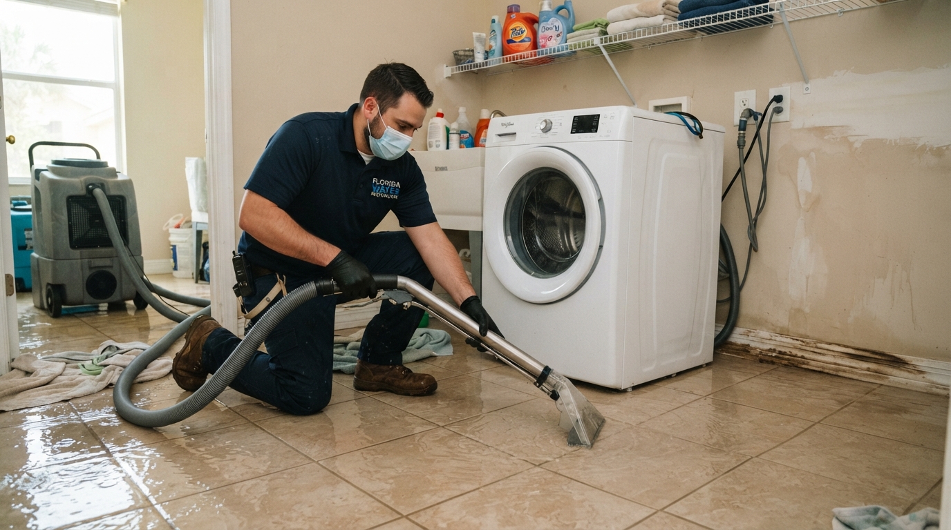 Laundry room water damage from washing machine overflow with water spreading across the tile floor