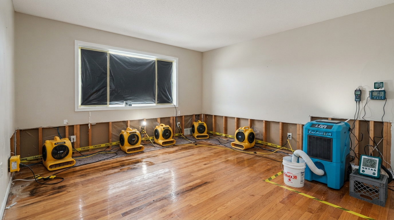 After structural drying setup with air movers and dehumidifier in Orange City, Florida