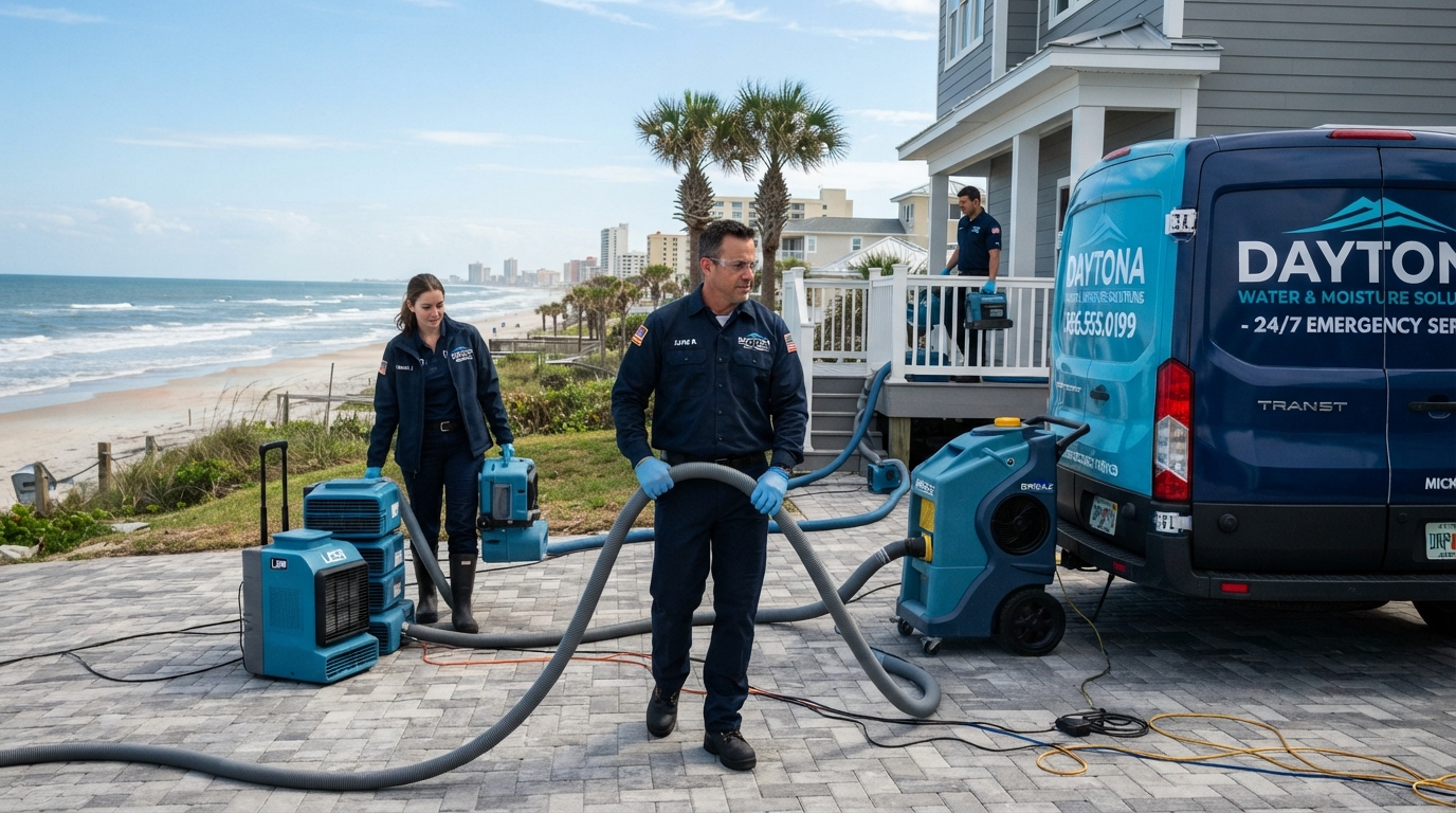 Professional water damage restoration team with extraction equipment serving Daytona Beach coastal Florida