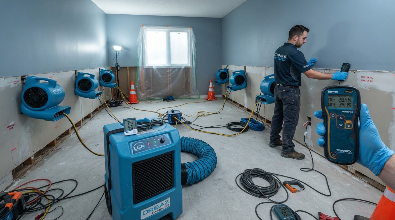 Professional structural drying setup with air movers, dehumidifier, and moisture meter in a water-damaged room in Daytona Beach