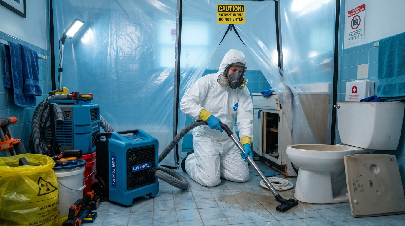 Professional restoration technician in protective gear performing contaminated water cleanup in a Daytona Beach property