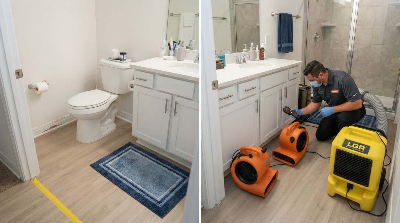 After bathroom water damage cleanup with clean surfaces in Orange City, Florida