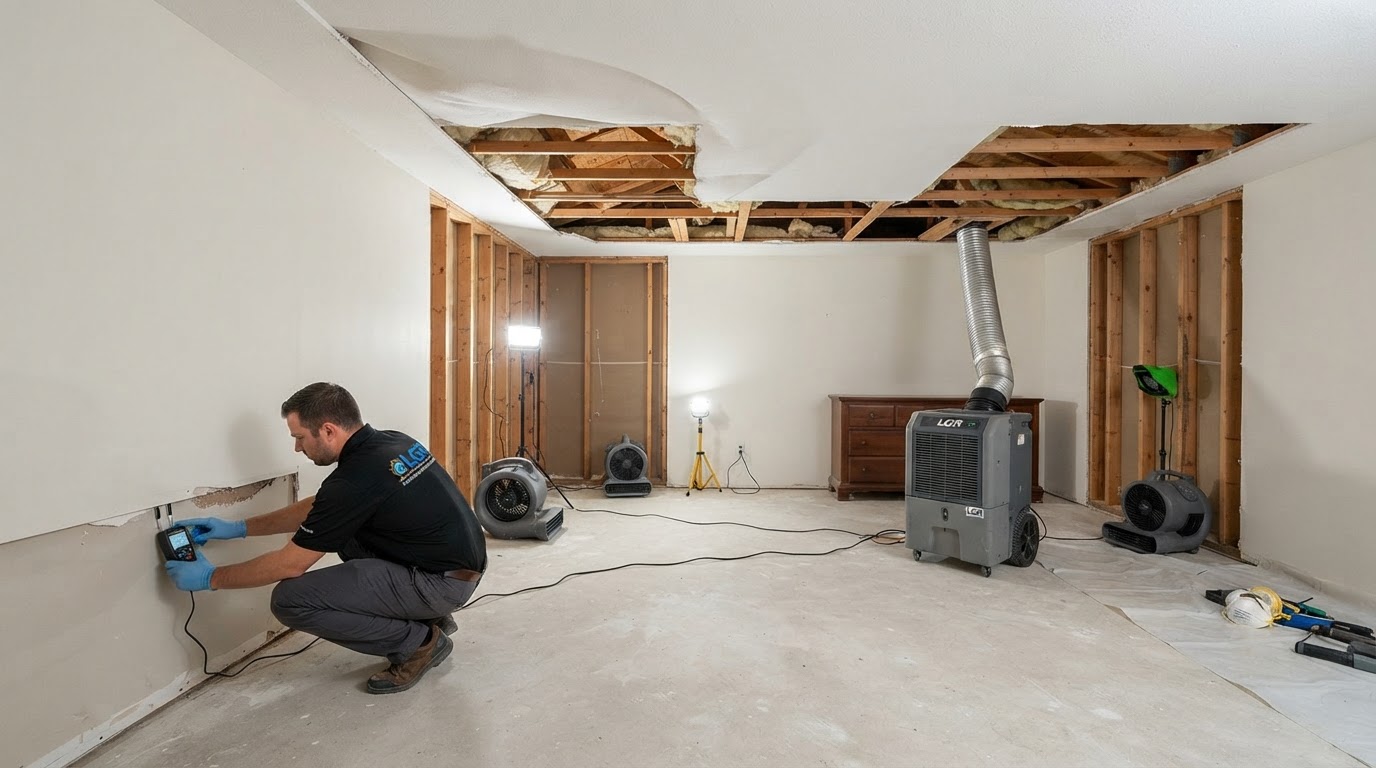After roof leak cleanup with materials removed and drying underway in Orange City, Florida