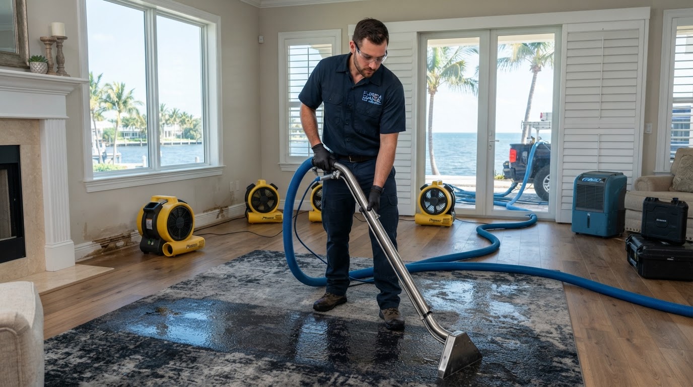 Professional water damage restoration technician using extraction equipment in a Daytona Beach home