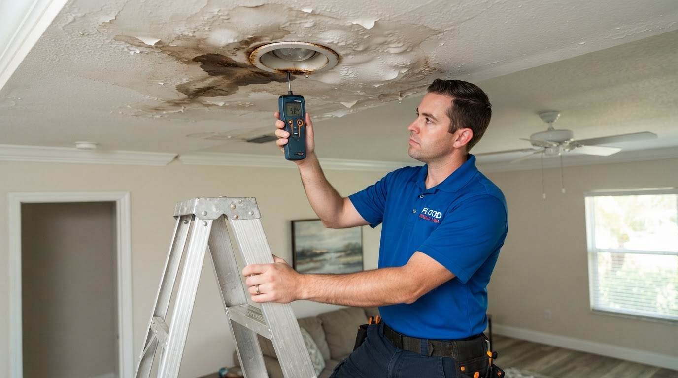 Ceiling water damage from a roof leak showing brown stains and bubbling paint on drywall with a technician using a moisture meter