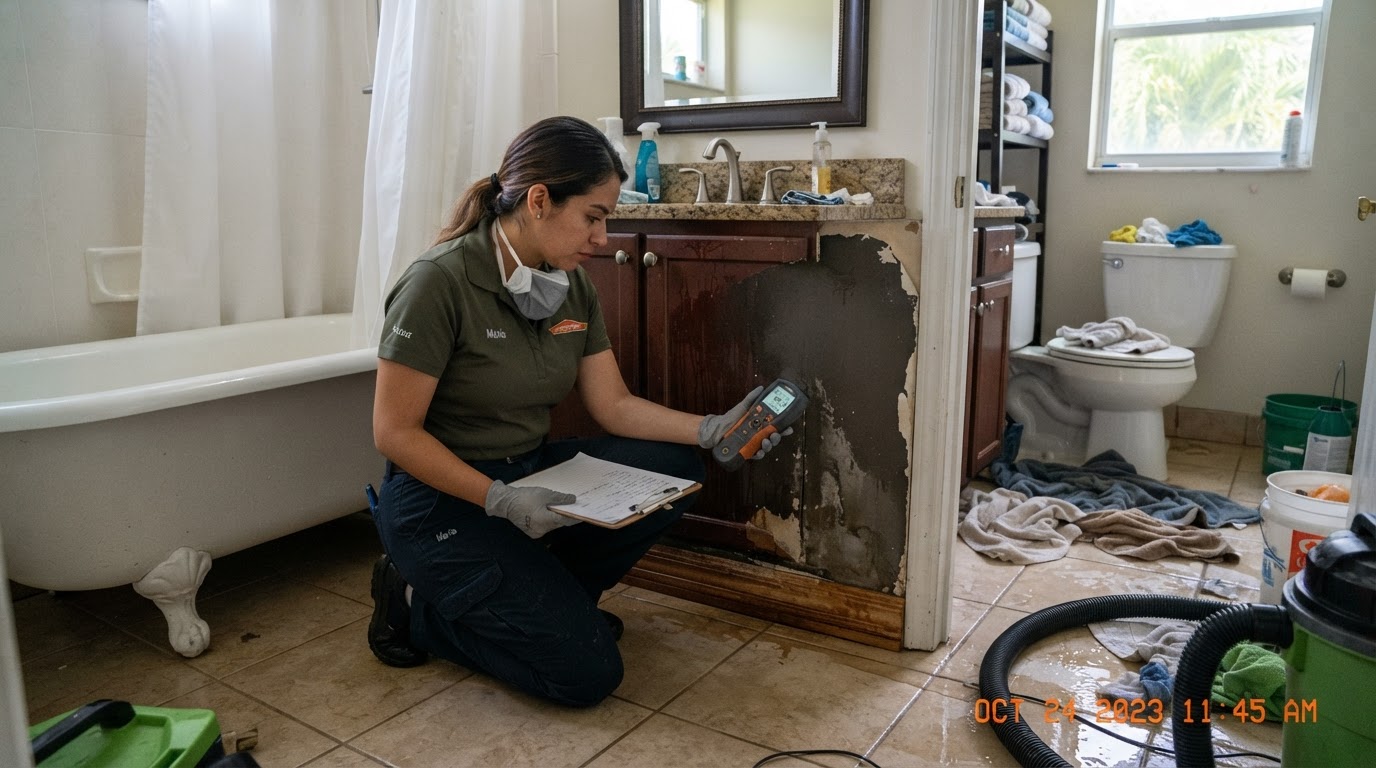 Bathroom water damage from a toilet overflow with water on the tile floor and moisture detection technician evaluating wet drywall