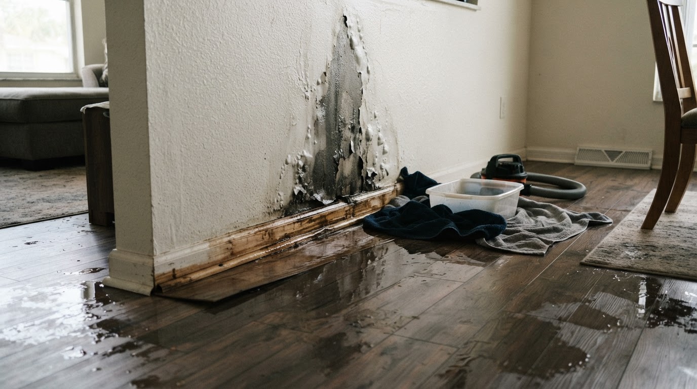 Before burst pipe cleanup with wet wall and floor in Orange City, Florida