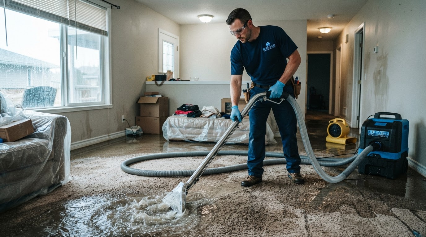 Professional water extraction technician using extractor wand to remove standing water from carpet in a Daytona Beach property