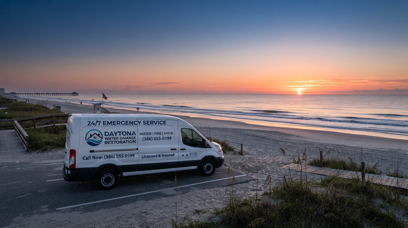 Daytona Beach Florida coastal scene with water damage restoration service vehicle near the ocean
