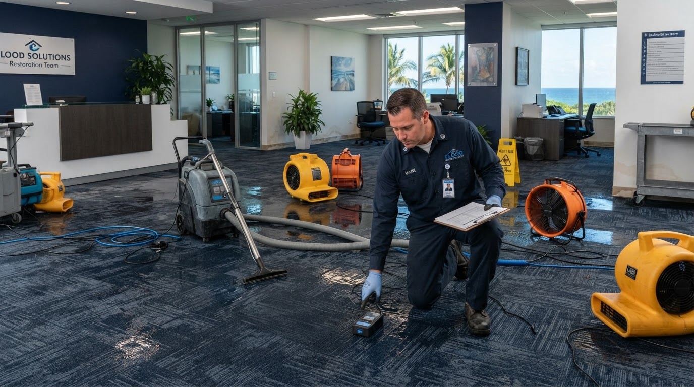 Water damage restoration equipment drying a water-damaged commercial property in Orange City