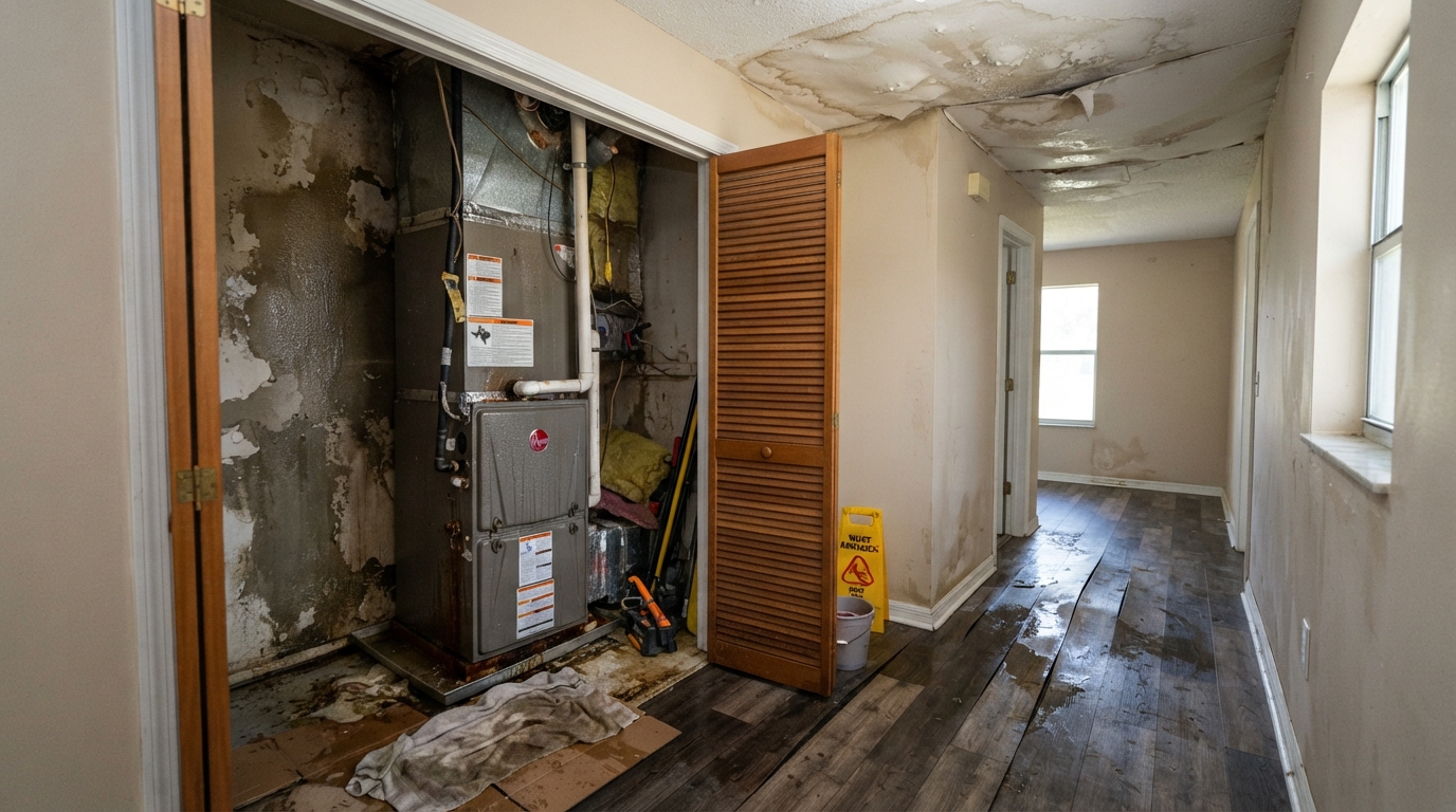 Before AC condensate leak cleanup with ceiling damage near Orange City, Florida