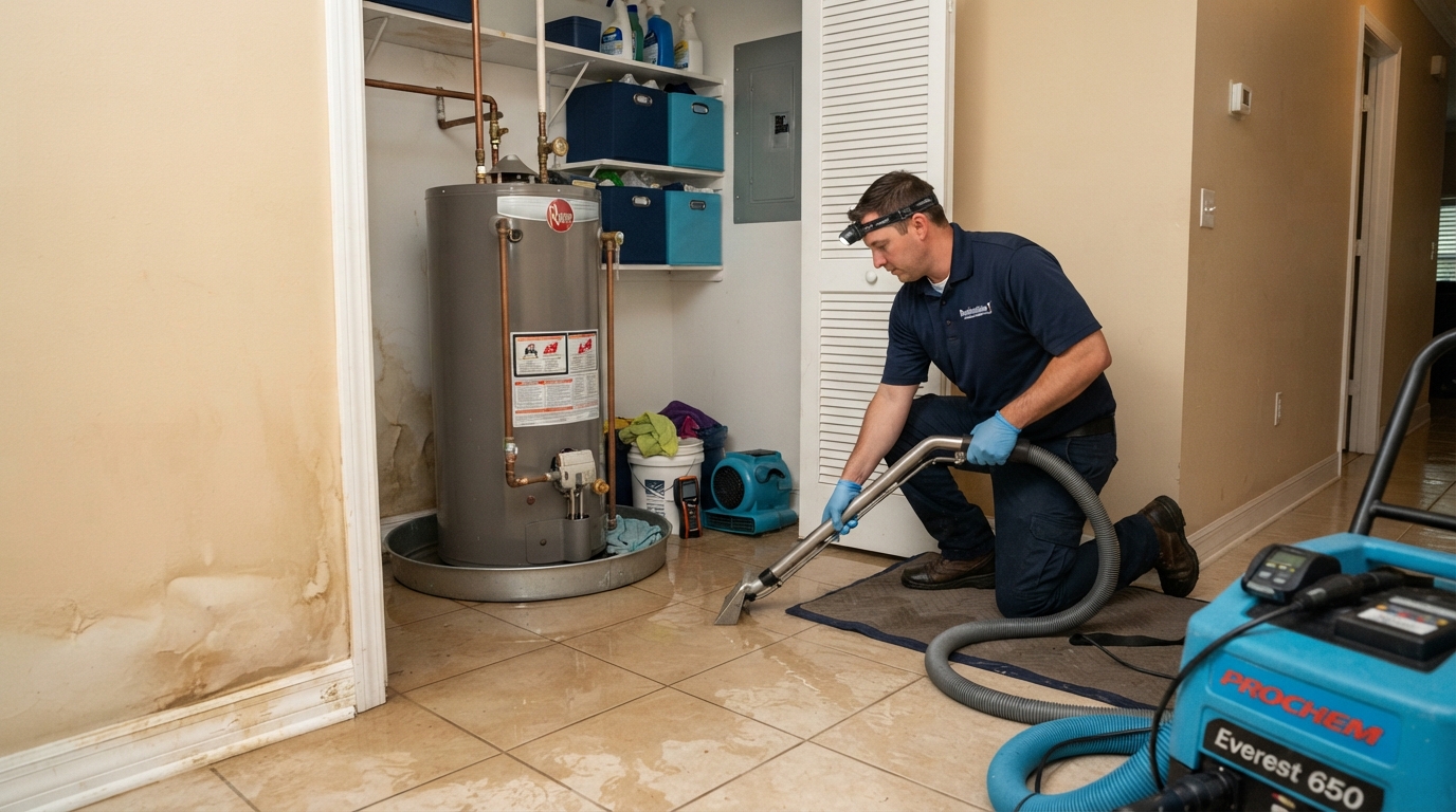 Water heater leak in a utility closet with water pooling on the floor and restoration technician extracting water