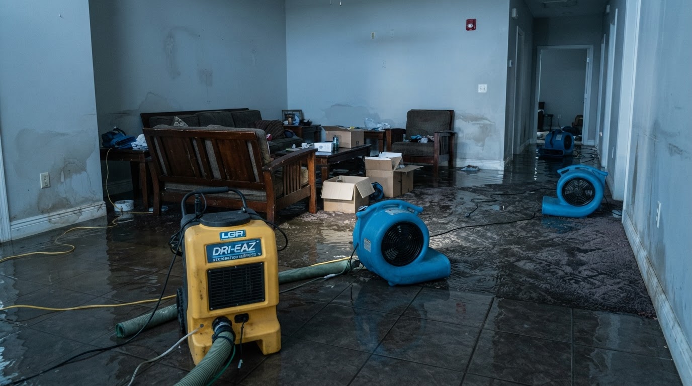 Flooded interior room with standing water and professional drying equipment positioned for flood damage cleanup in Daytona Beach