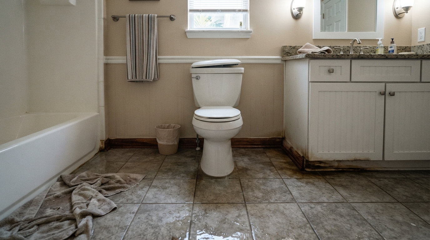 Before bathroom water damage cleanup with wet floor in Orange City, Florida