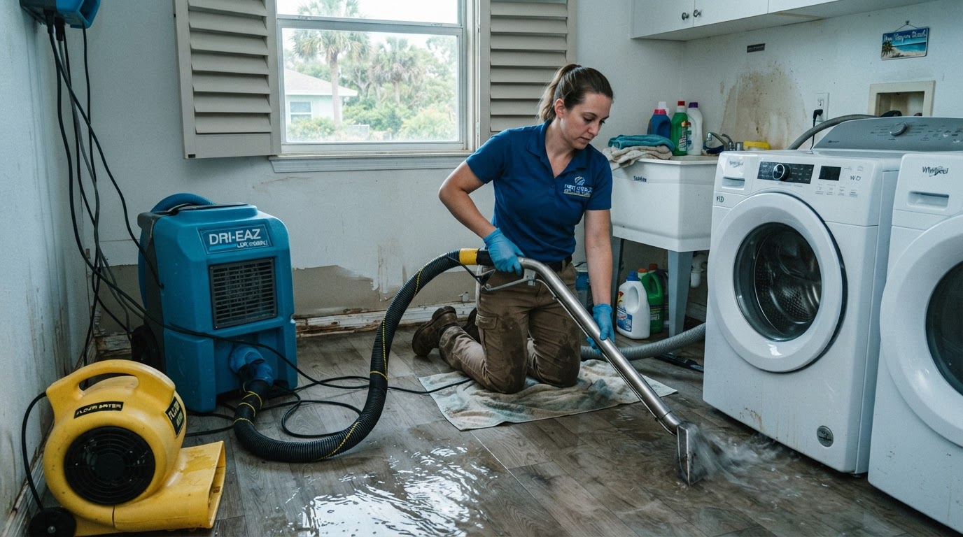water extraction equipment removing water from a laundry room floor after a washing machine overflow in New Smyrna Beach Florida