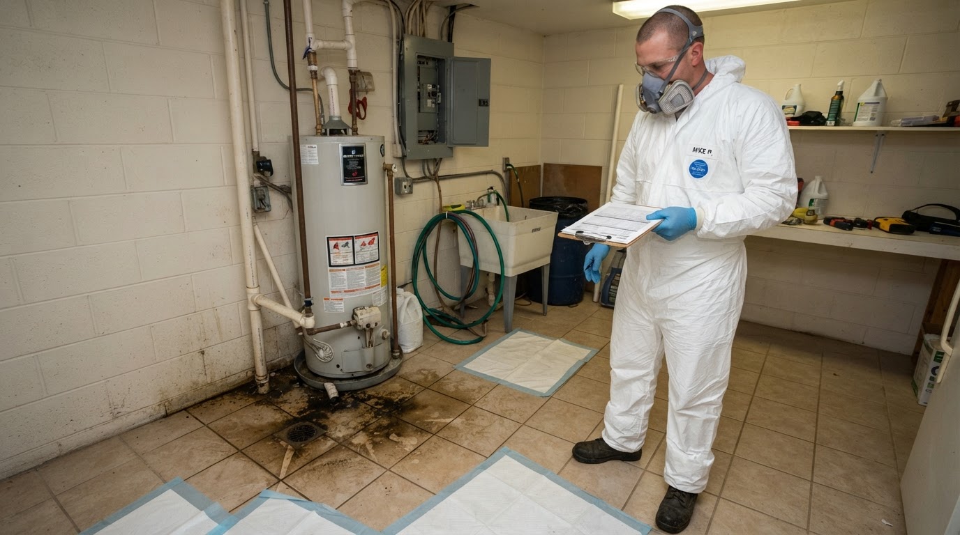 Utility room with contaminated water before sewage cleanup near St. Augustine, Florida
