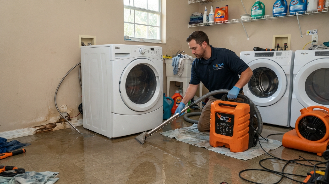 water damage restoration technician extracting water from a laundry room near Bunnell Florida