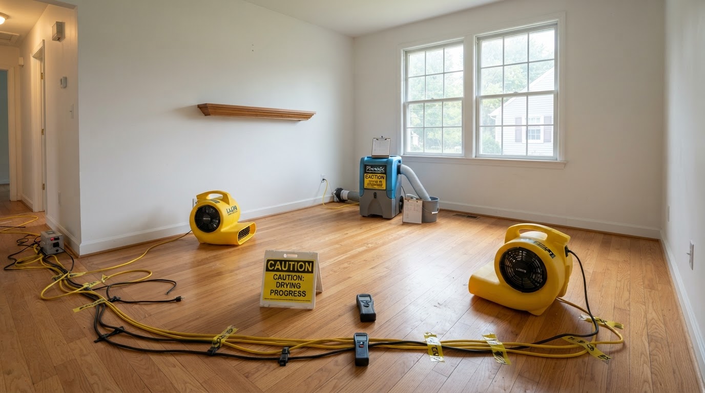 Same room during structural drying and dehumidification in St. Augustine, Florida