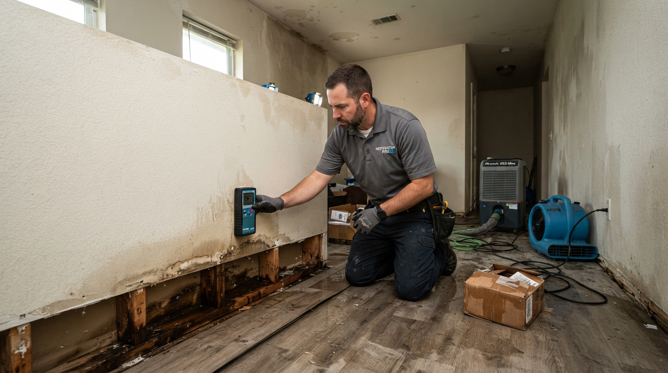 Room with residual moisture before structural drying in St. Augustine, Florida