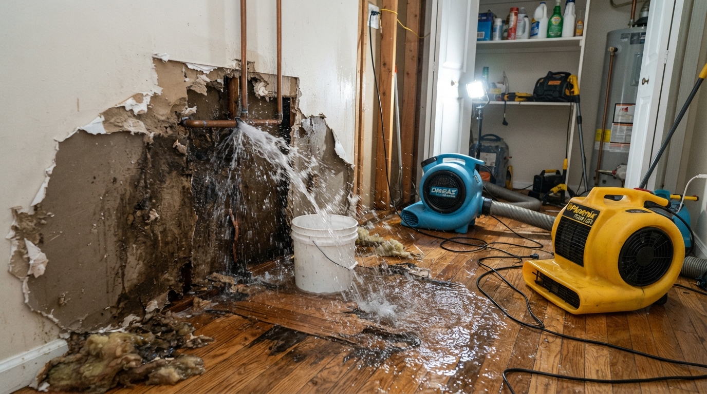 burst plumbing pipe with water leaking onto drywall and flooring in a residential interior