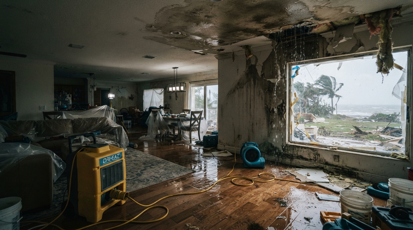 Florida home interior after hurricane storm damage with restoration drying equipment running