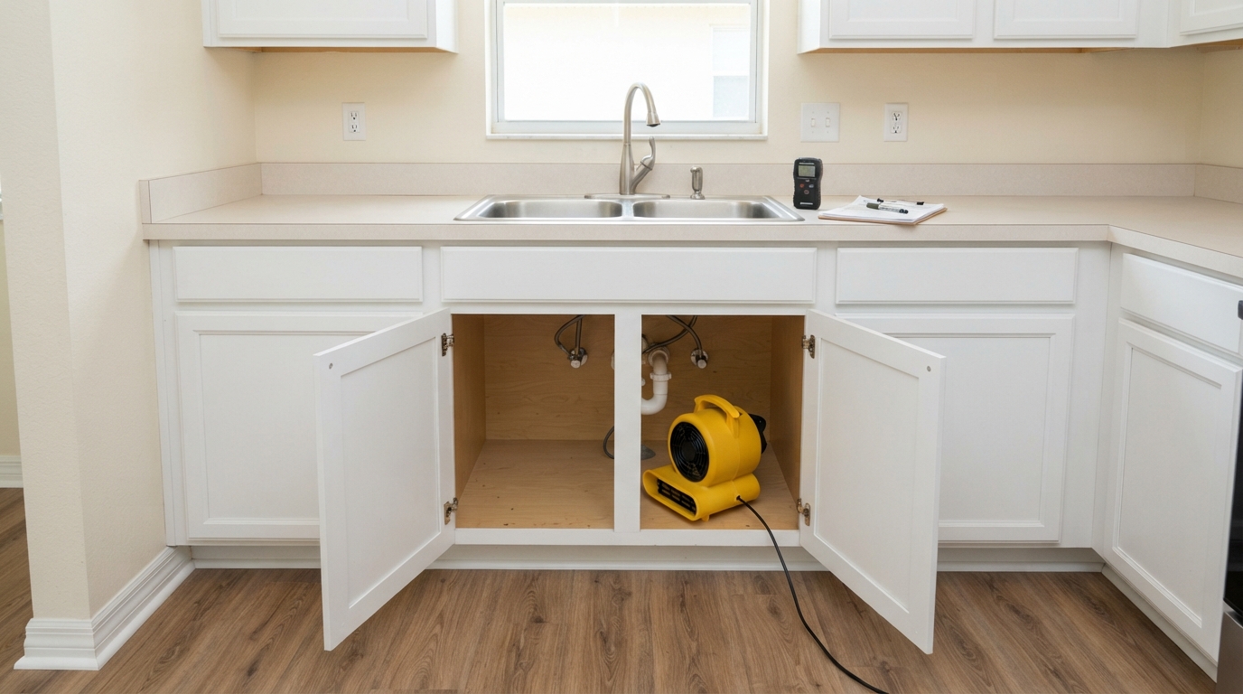Same cabinet area after plumbing leak cleanup in St. Augustine, Florida