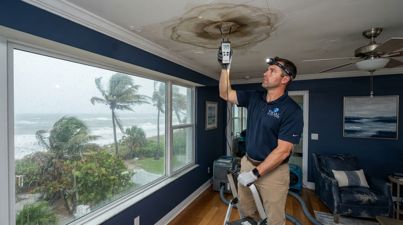 restoration technician using a moisture meter on ceiling drywall in a coastal home near Beverly Beach Florida