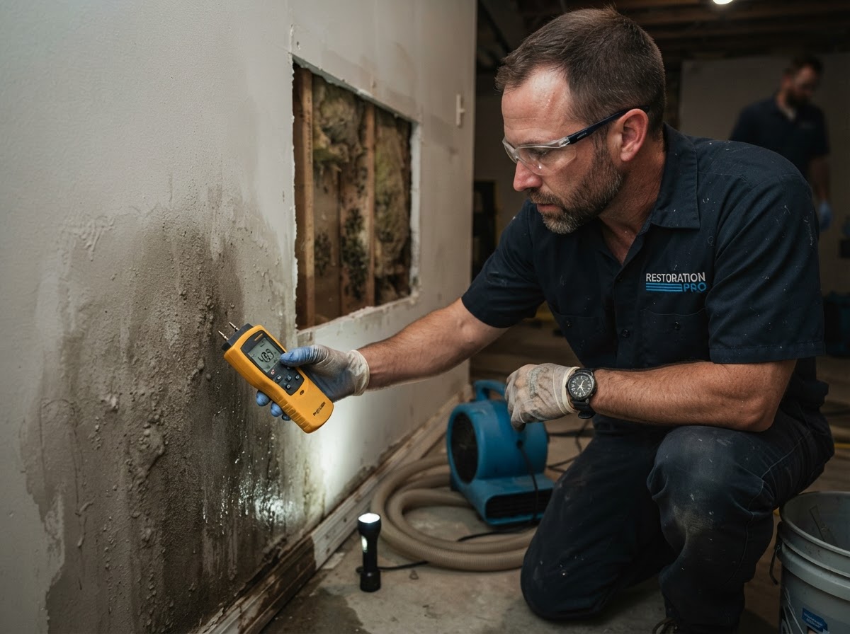 moisture meter reading on drywall to monitor structural drying progress