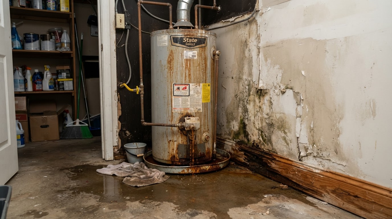 leaking water heater in a utility closet with water pooling on floor and damage to nearby drywall