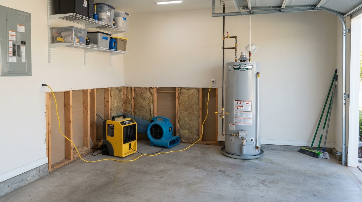 Same garage area after water heater leak cleanup in St. Augustine, Florida
