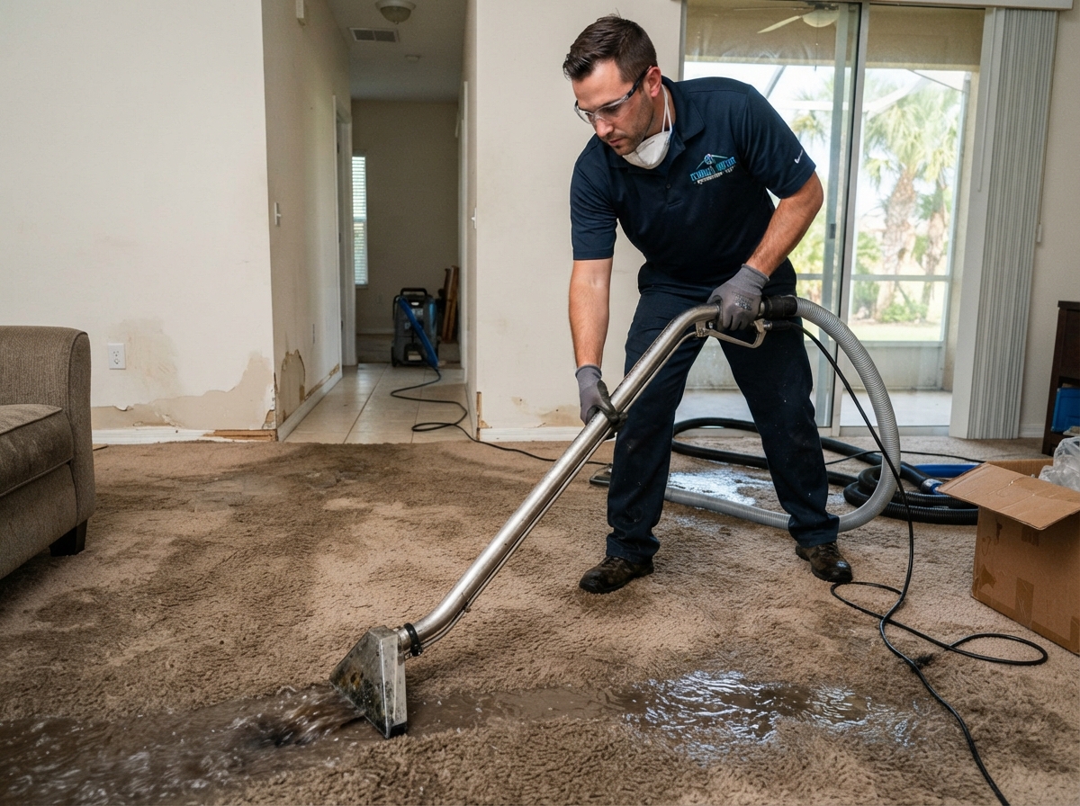 commercial water extraction wand removing water from carpet in a Bunnell home