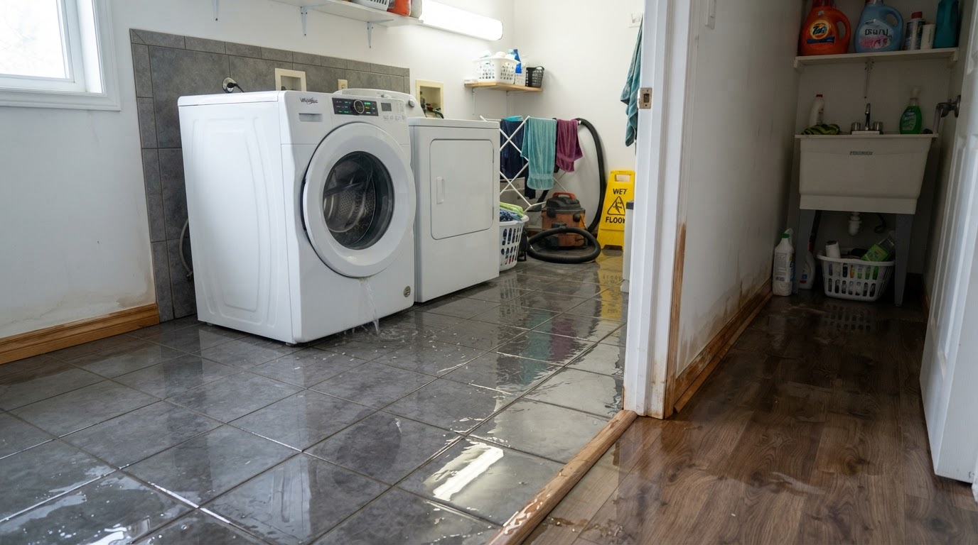 Laundry room with washing machine overflow before cleanup near St. Augustine, Florida