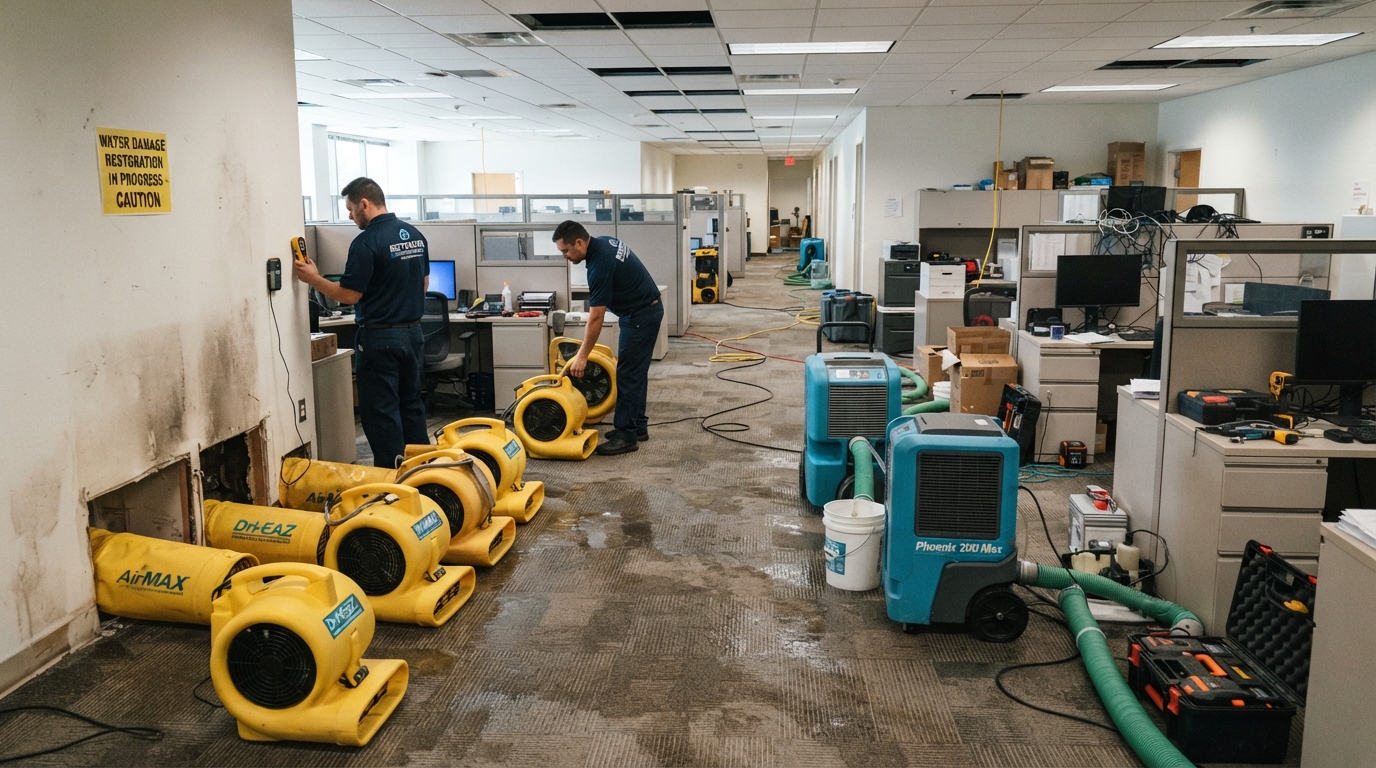 commercial restoration equipment drying water-damaged office carpet and walls