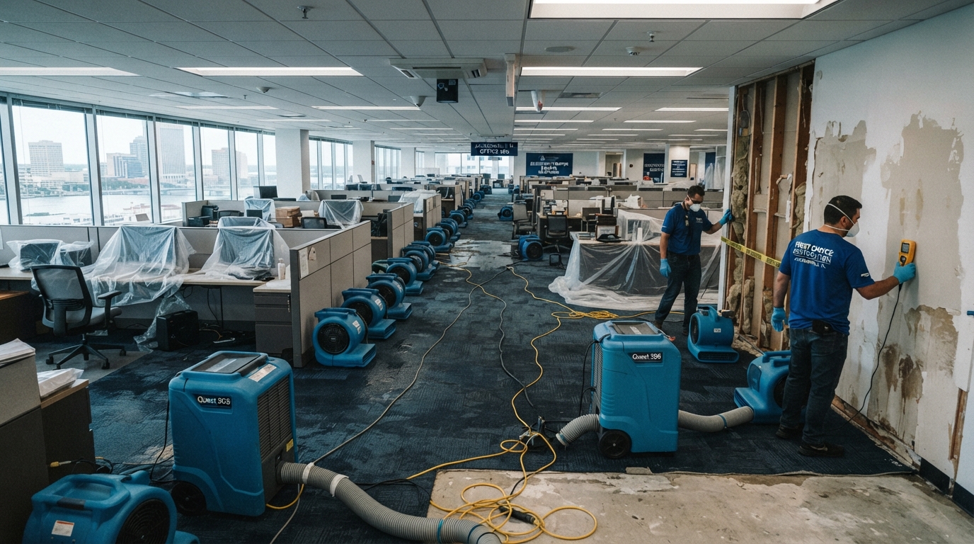 industrial air movers and commercial dehumidifiers drying water-damaged carpet in a Jacksonville Florida office building