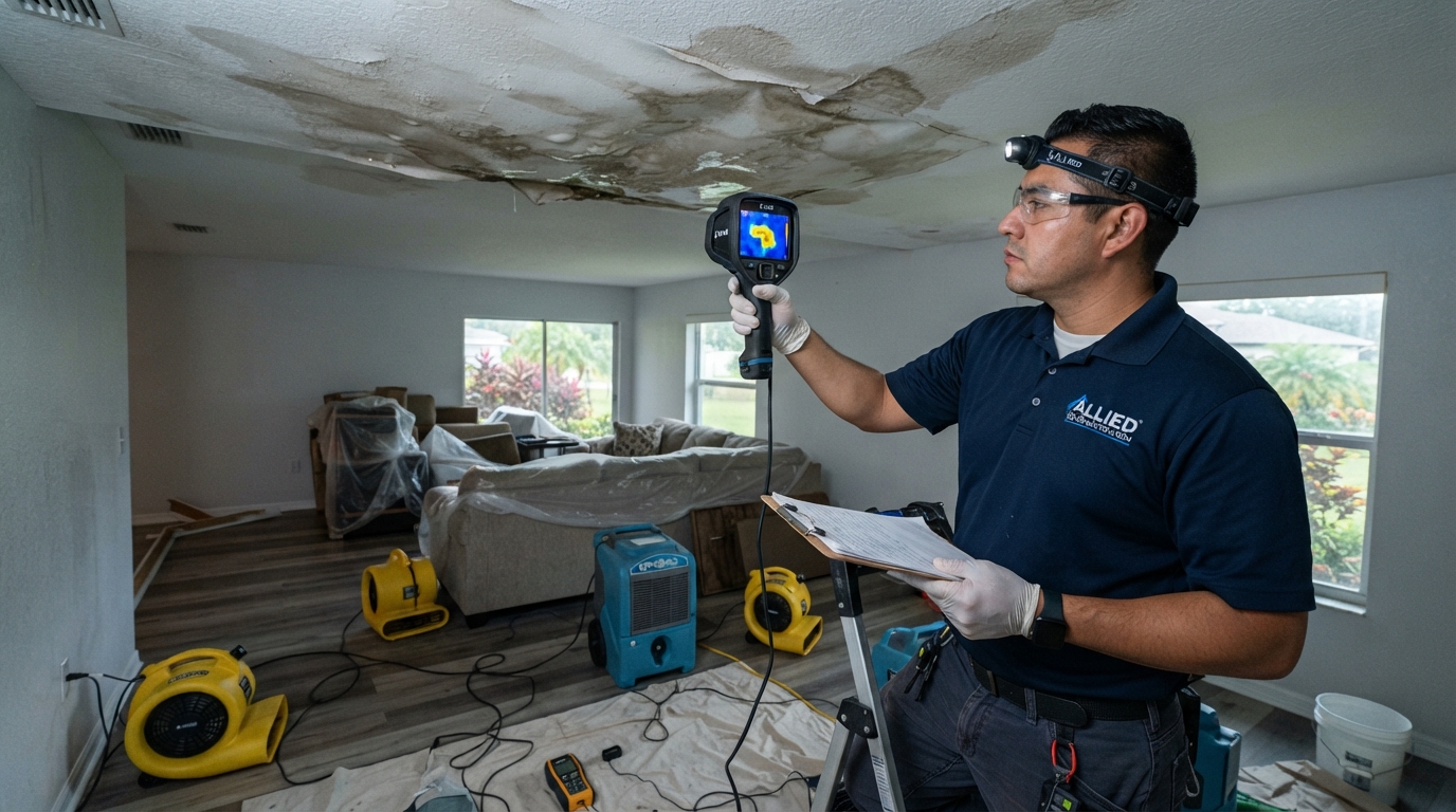 restoration technician inspecting water-damaged ceiling drywall with a thermal imaging camera in a home near DeLand Florida