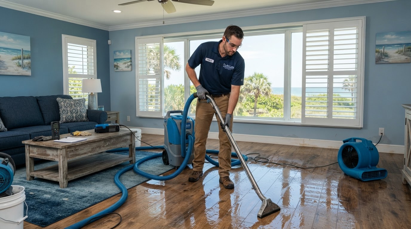 water damage restoration crew extracting water from a coastal home near Flagler Beach Florida