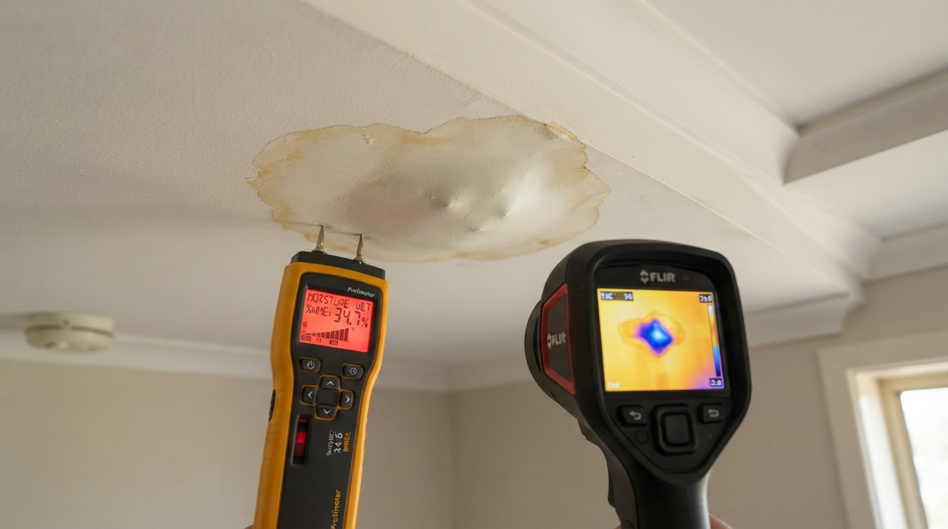 ceiling water stain with professional moisture meter and thermal imaging camera inspecting the area