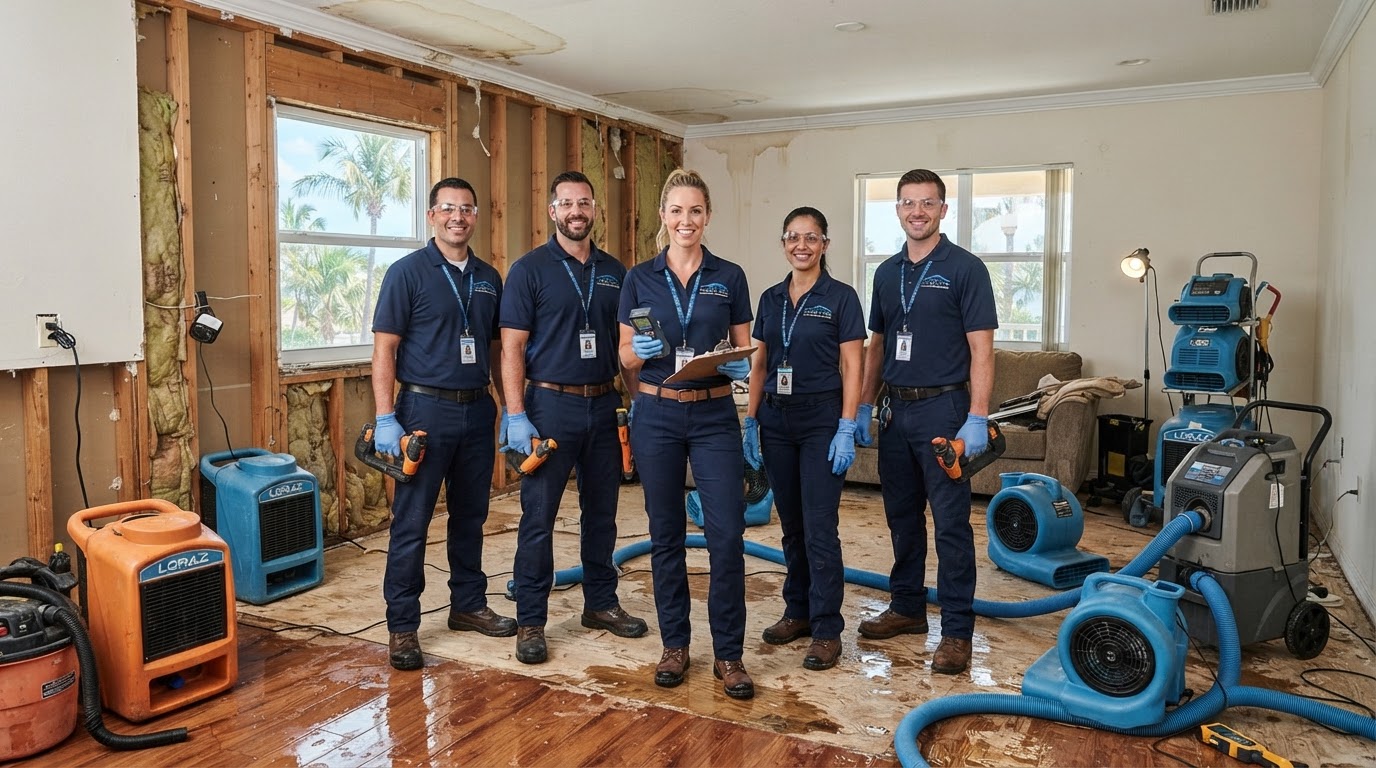 water damage restoration team with extraction equipment inside a Palm Coast Florida home