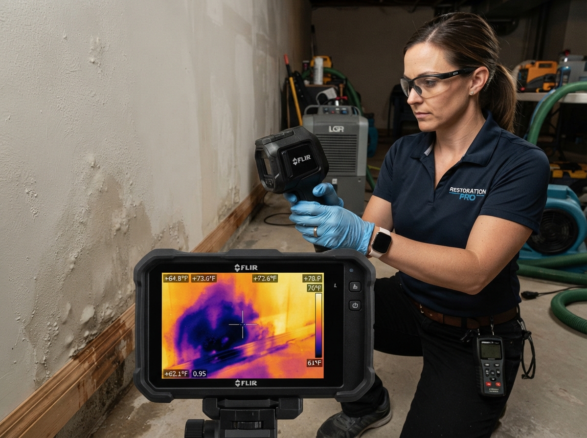thermal imaging camera showing moisture spread behind walls after flooding