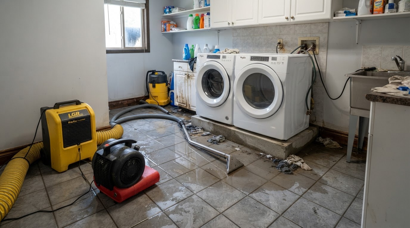 laundry room with water pooling around a washing machine and professional extraction equipment running
