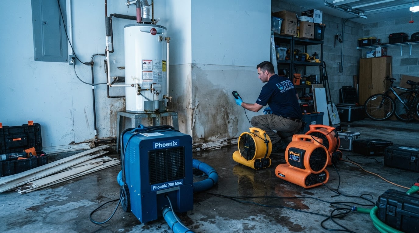 commercial dehumidifier and air movers drying a water-damaged garage floor after a water heater leak in Port Orange Florida