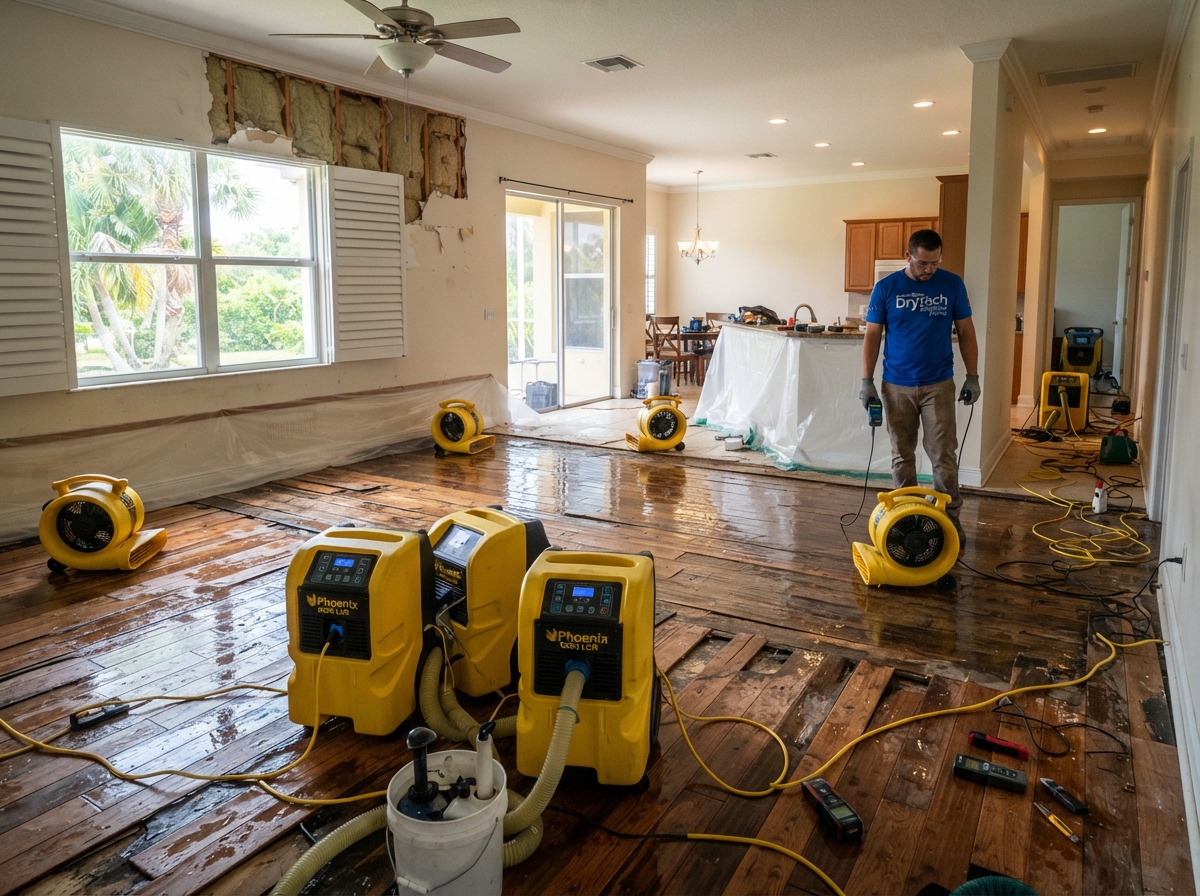 air movers and dehumidifiers drying a water-damaged St. Augustine property