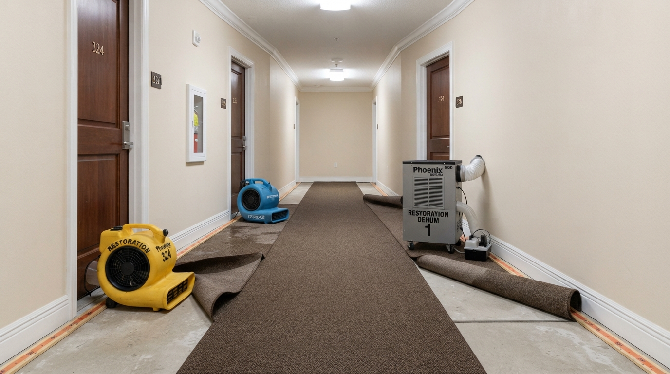 Same hallway after flood cleanup and drying in St. Augustine, Florida