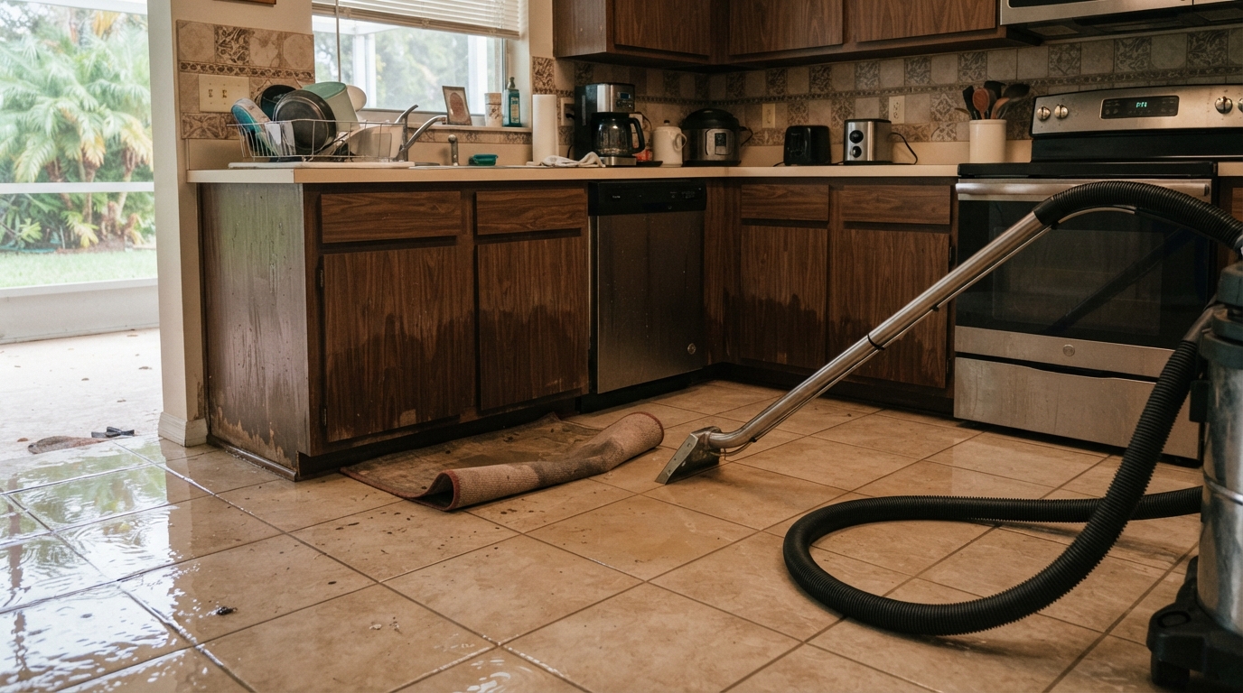 Standing water in a room before emergency extraction near St. Augustine, Florida