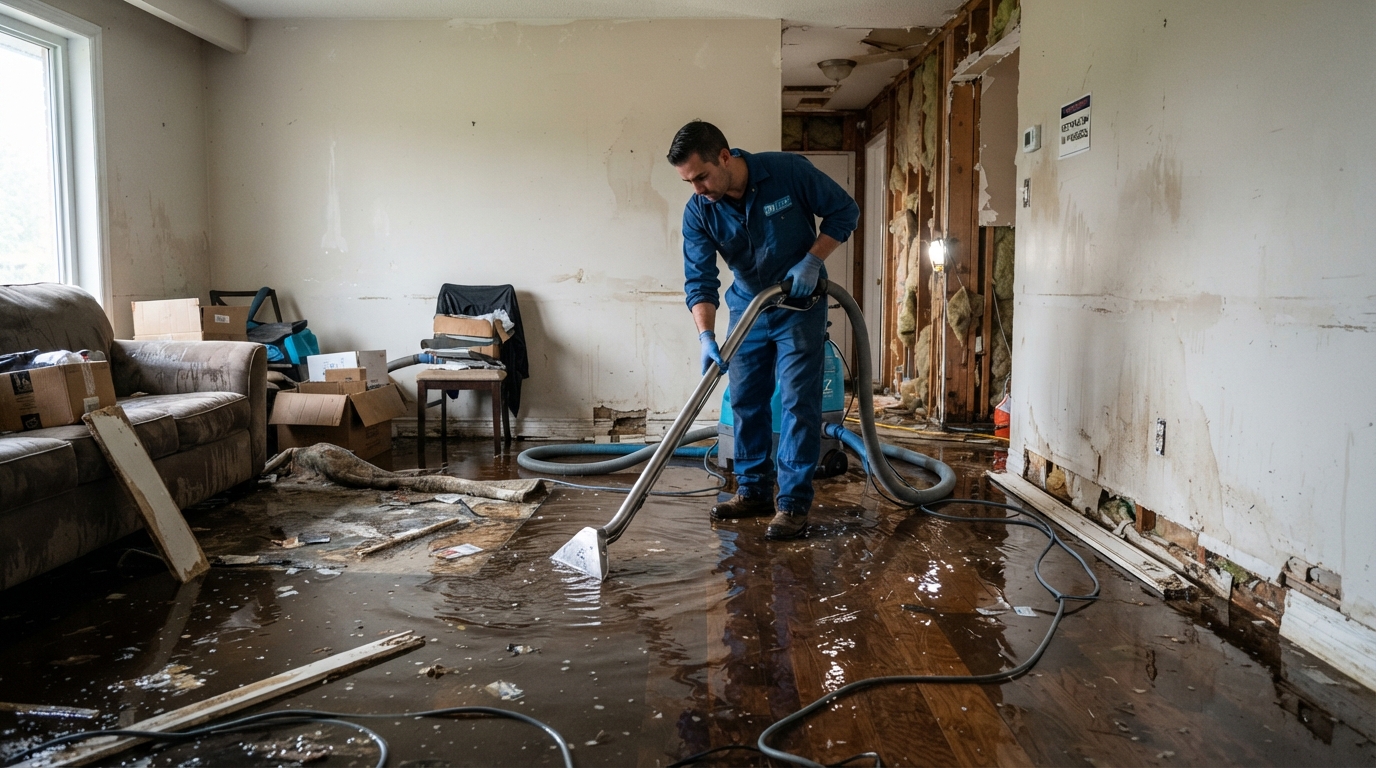 professional extraction equipment removing flood water from a damaged residential interior