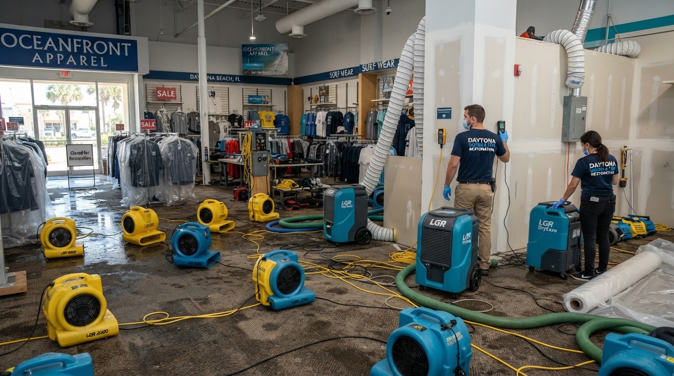 commercial restoration equipment drying water-damaged carpet in a Daytona Beach Florida business property