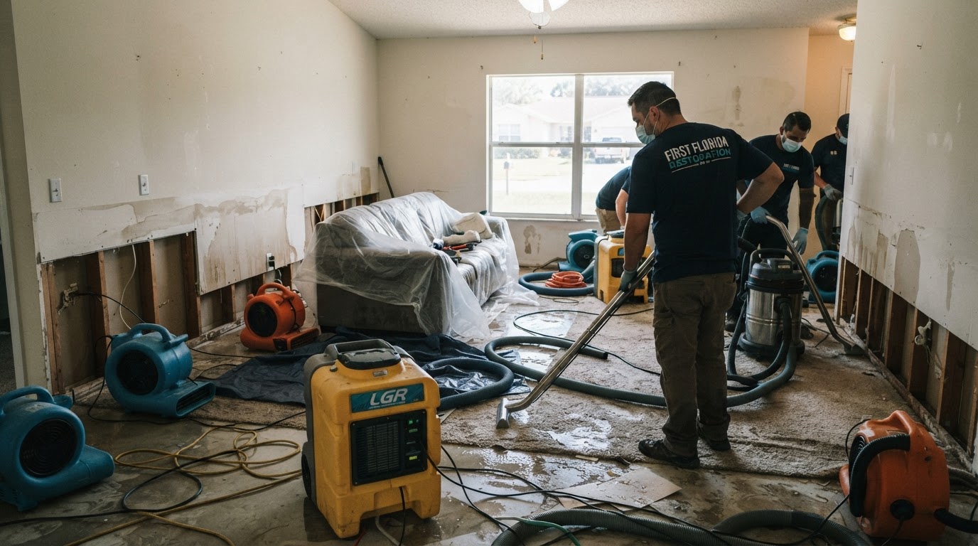 water damage restoration crew extracting water from a Palm Coast home interior