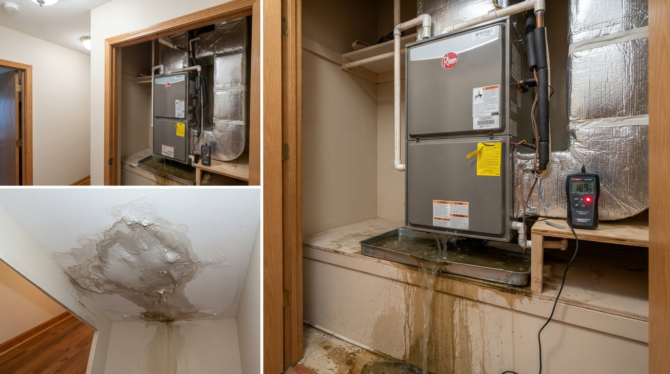 HVAC air handler with condensate drain pan overflow and water damage on drywall ceiling below