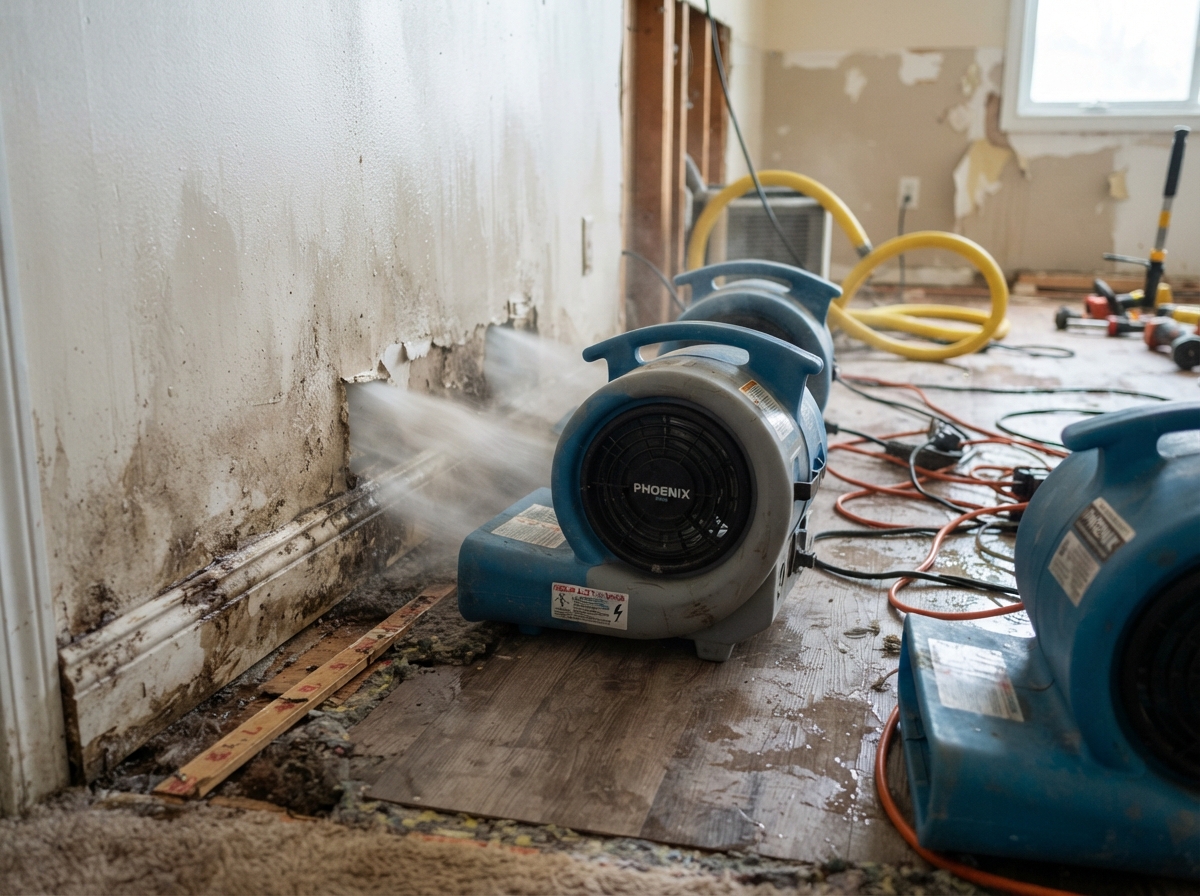 air movers creating evaporation across wet drywall and baseboards