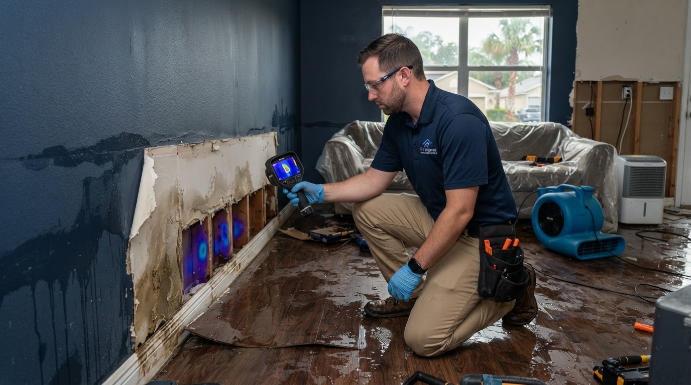 restoration technician inspecting water-damaged drywall with thermal imaging in a home near St. Augustine Florida
